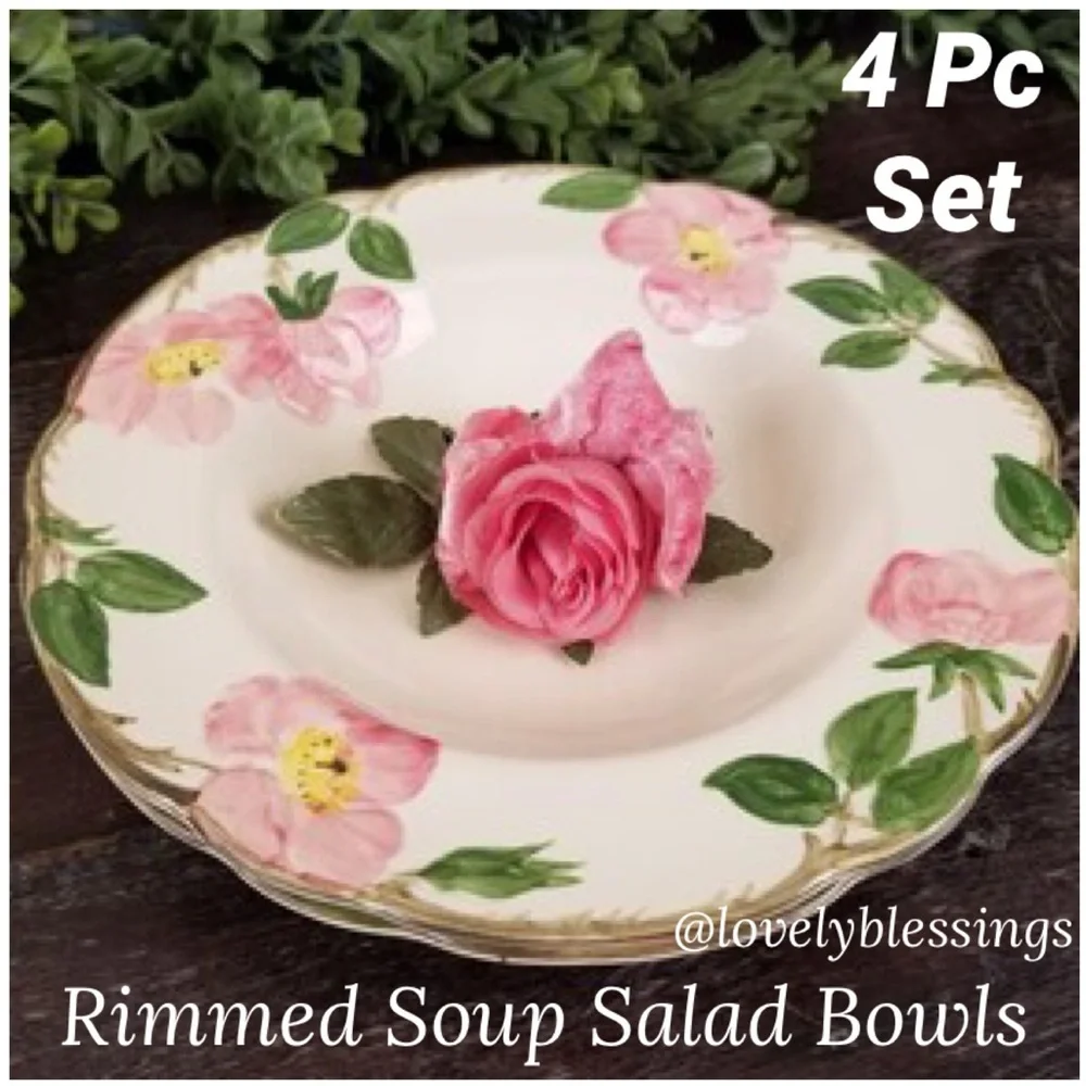 Franciscan Desert Rose 8” Rim Soup Salad Bowl Set 4 Vintage England Cream Pink
